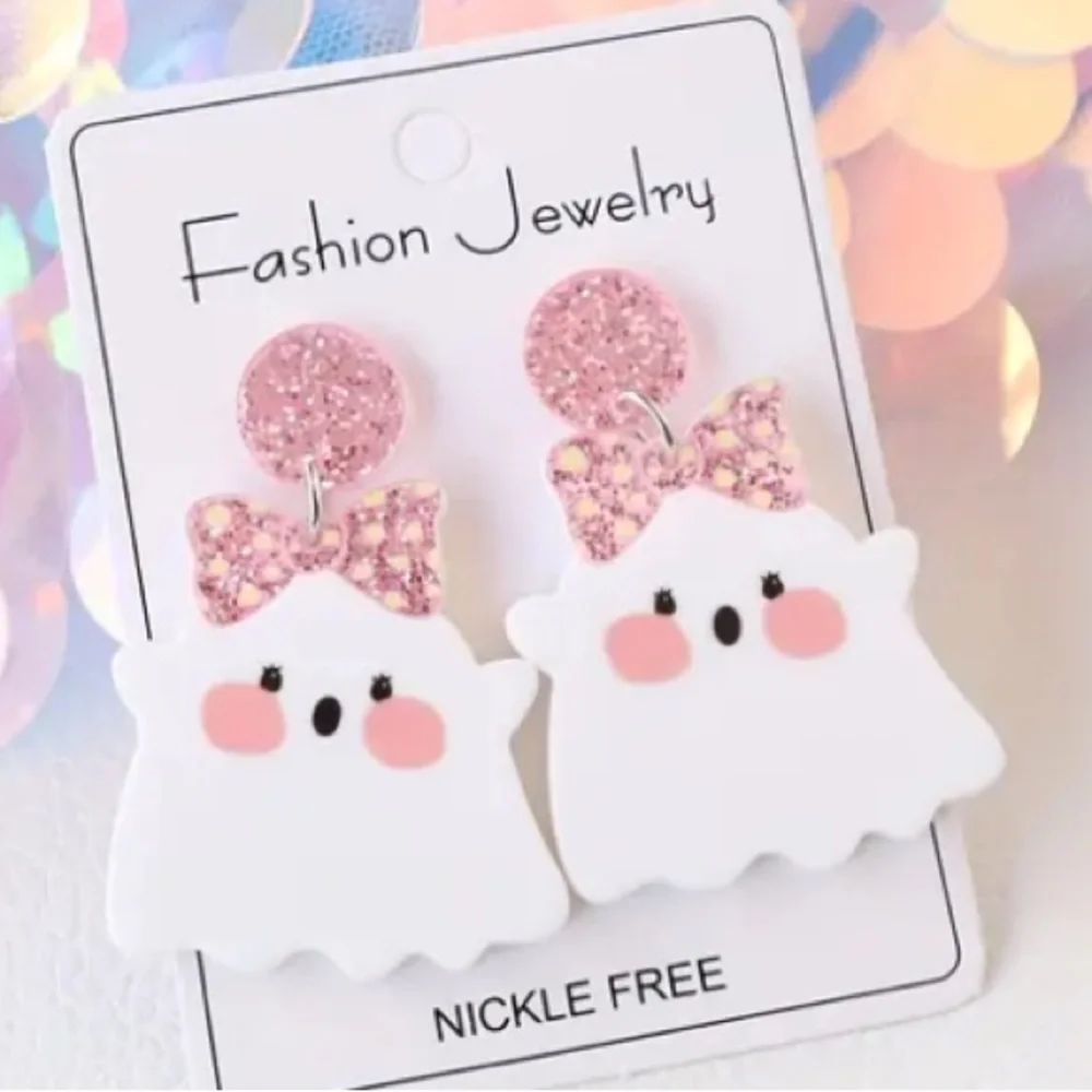 Cute Ghost Earrings with Pink Glitter Bows